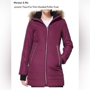 NWT Maralyn & Me Burgundy Hooded Puffer Coat with Faux Fur XS